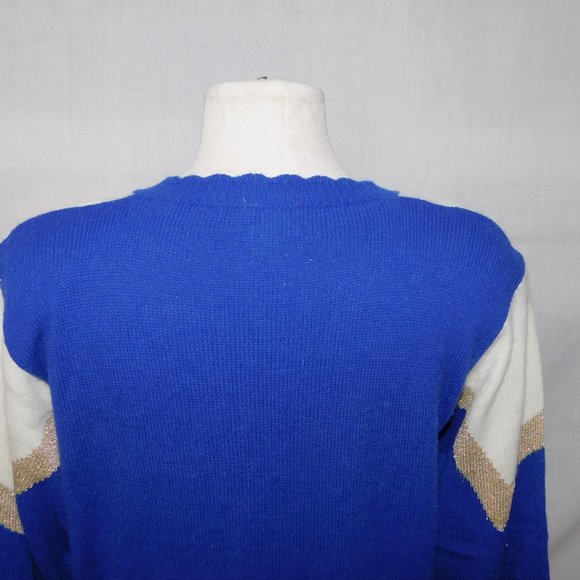 VTG 80s TanJay Womens M Blue White Gold Scalloped Neck Sweater Goldberg style - Picture 8 of 9